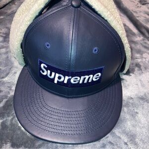 Supreme Leather Ear Flap New Era Hat 7 1/2 NWT Navy